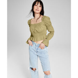 And Now This Women's Small 100% Cotton Olive Green Ruched Puff-Sleeve Top NWT